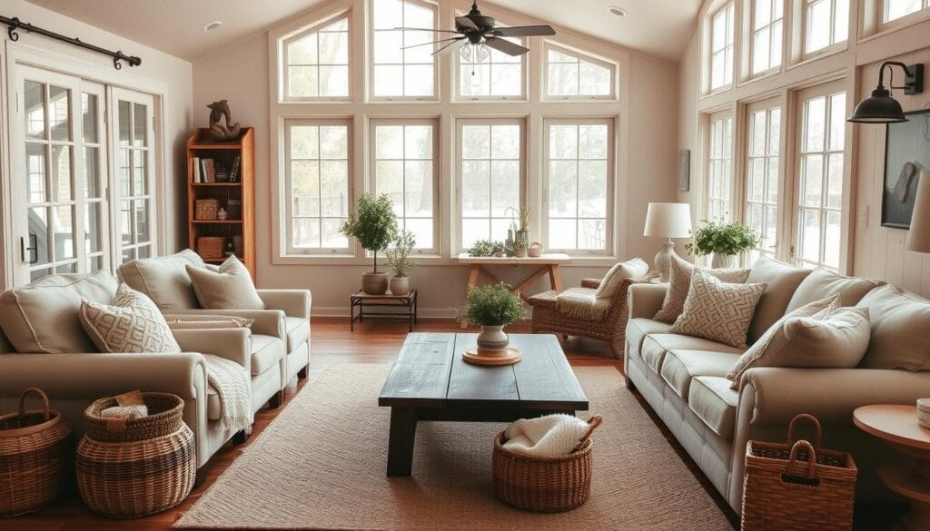 comfortable farmhouse living room with natural fibers