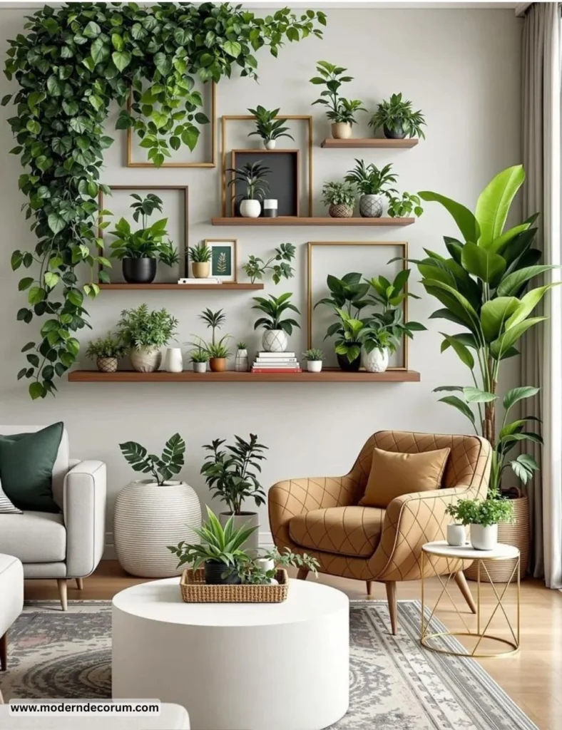 Beautifully designed indoor plant wall featuring various green plants as art decor.