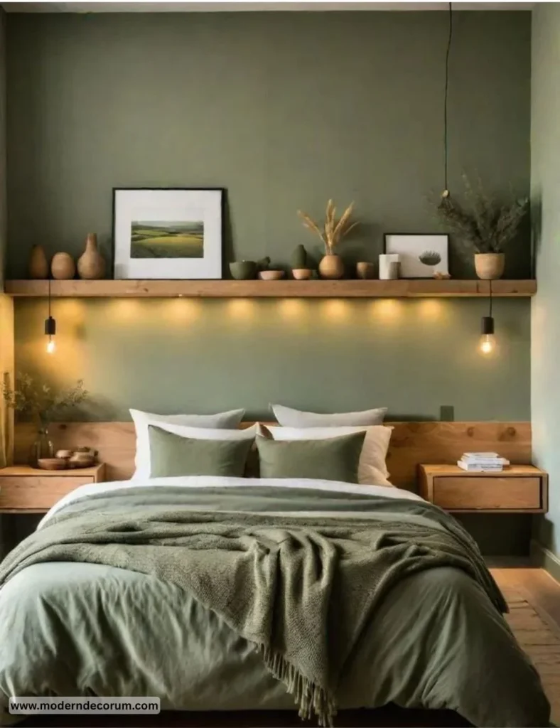 Stylish sage green bedroom showcasing trendy decor for 2025.