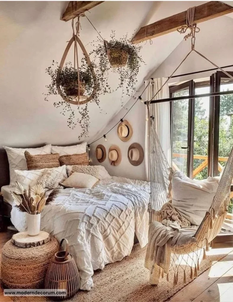 BOHO BEDROOM DECOR- HAT GALLERY WALL Boho bedroom decor showcasing a unique hat gallery wall for stylish interiors.