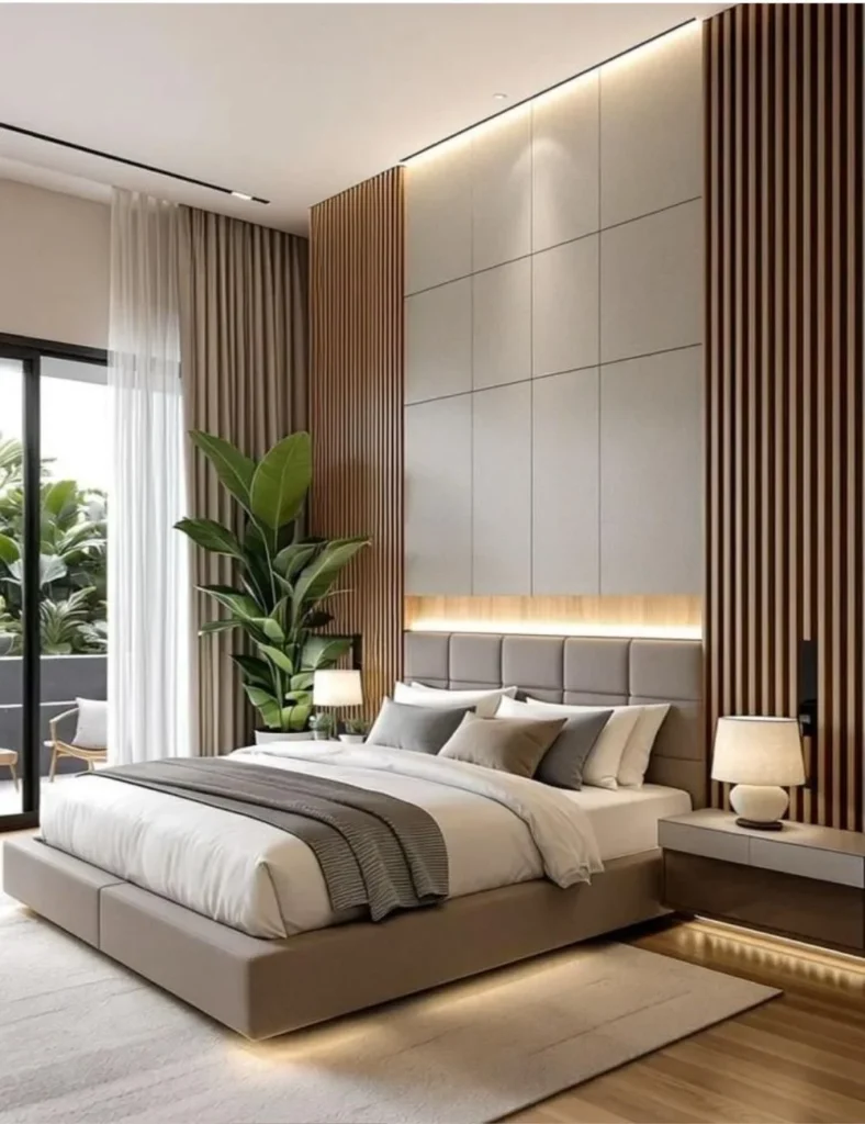 MODERN BEDROOM SANCTUARY WITH WOVEN NATURAL ELEMENTS Modern bedroom sanctuary showcasing woven natural elements for a calming atmosphere.