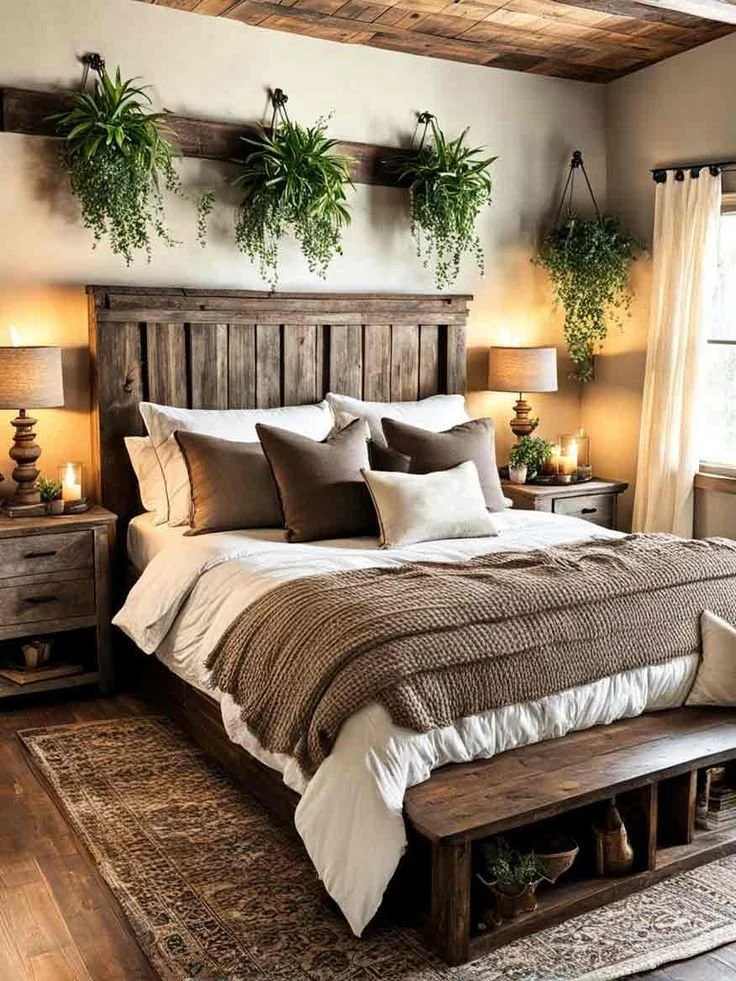 Cozy farmhouse bedroom with rustic decor and warm color palette.
