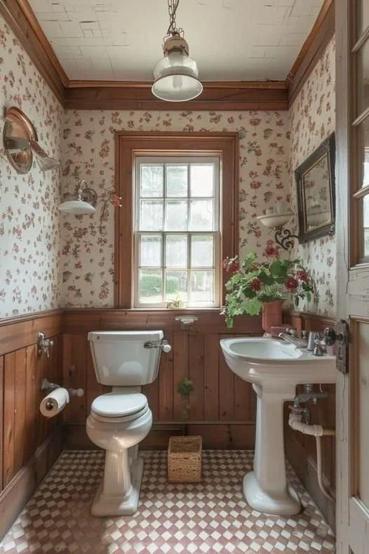 Charming vintage powder room with elegant decor and timeless fixtures.