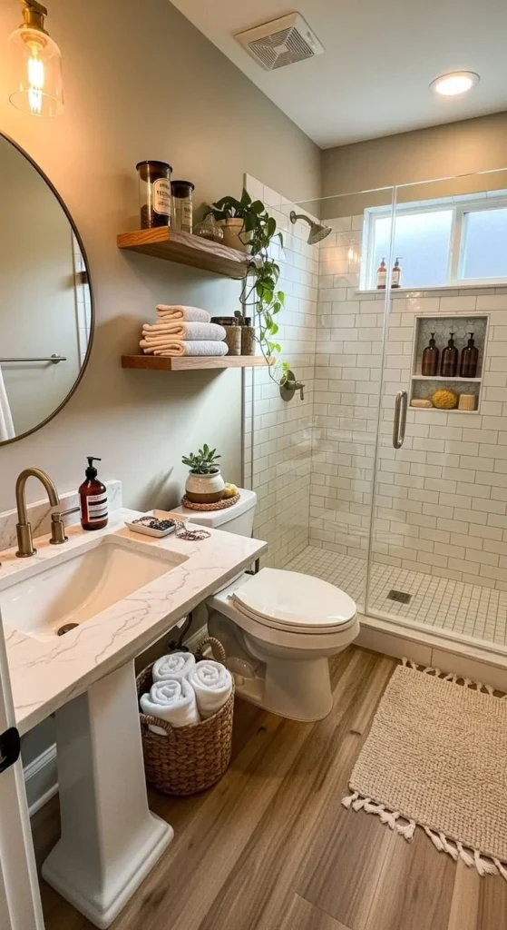 Cozy apartment bathroom design featuring elegant decor and warm lighting.