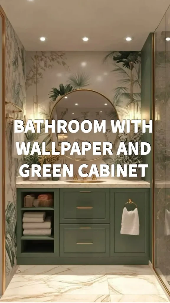 Inviting bathroom design with wallpaper and stylish green cabinets.