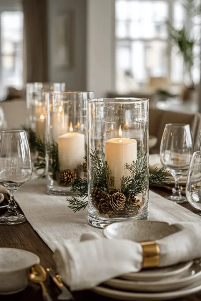 Beautifully decorated Christmas table setting with festive ornaments and candles.