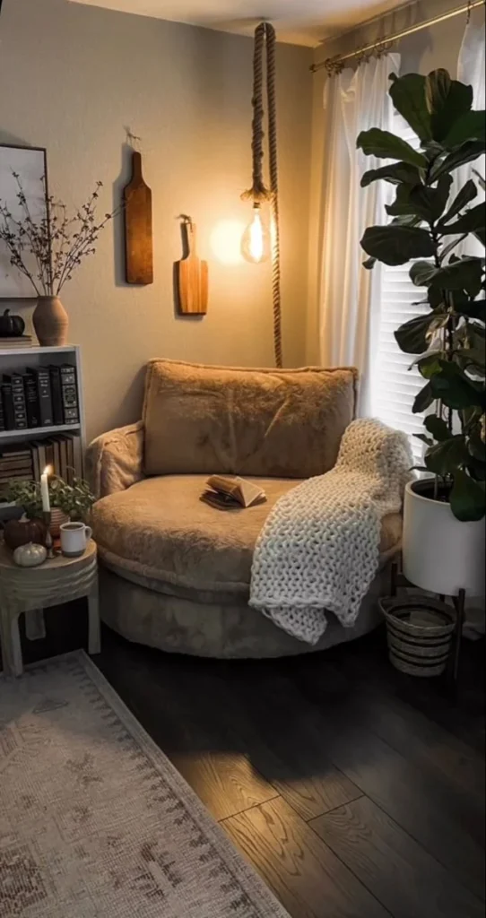 Cozy reading nook with comfortable chair, soft blankets, and warm lighting