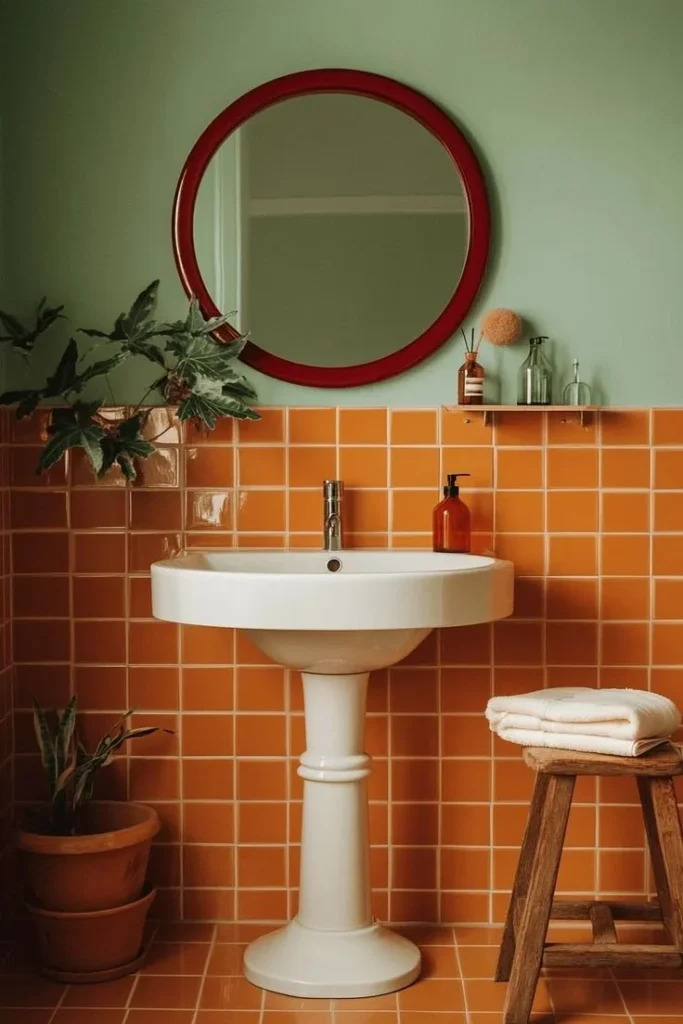 Charming 1970s bathroom with retro decor and vibrant colors inspired by 70s bathroom ideas.