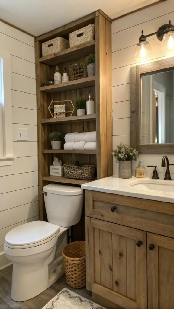 Elegant farmhouse bathroom design showcasing rustic decor and modern amenities.