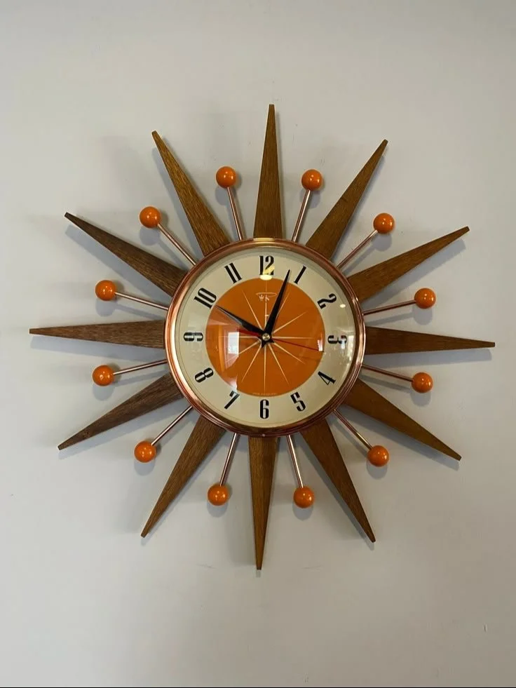 Handmade Mid Century Starburst Clock in Teak, Tangerine & Copper, 19 Inch