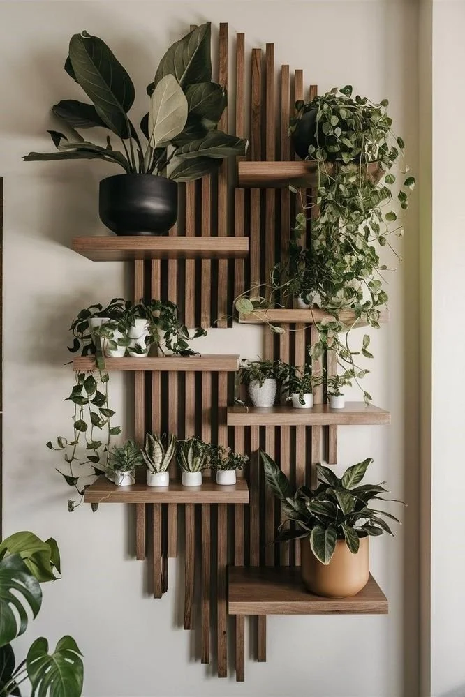 DIY wooden panel wall with shelves for storage and decor