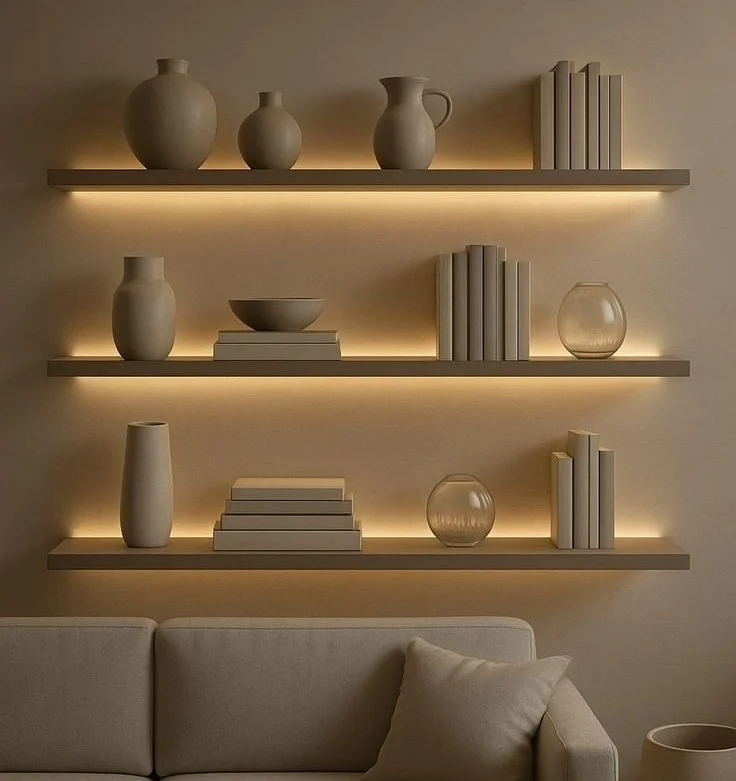 LED shelf backlighting enhancing a modern home decor shelf design