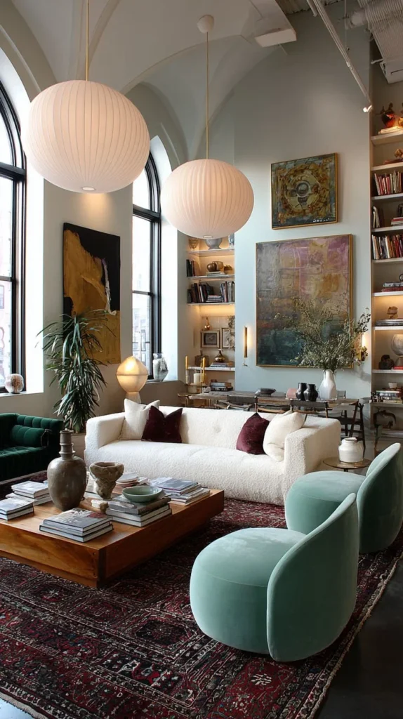 Stylish living room design with bold art and eclectic decor elements.