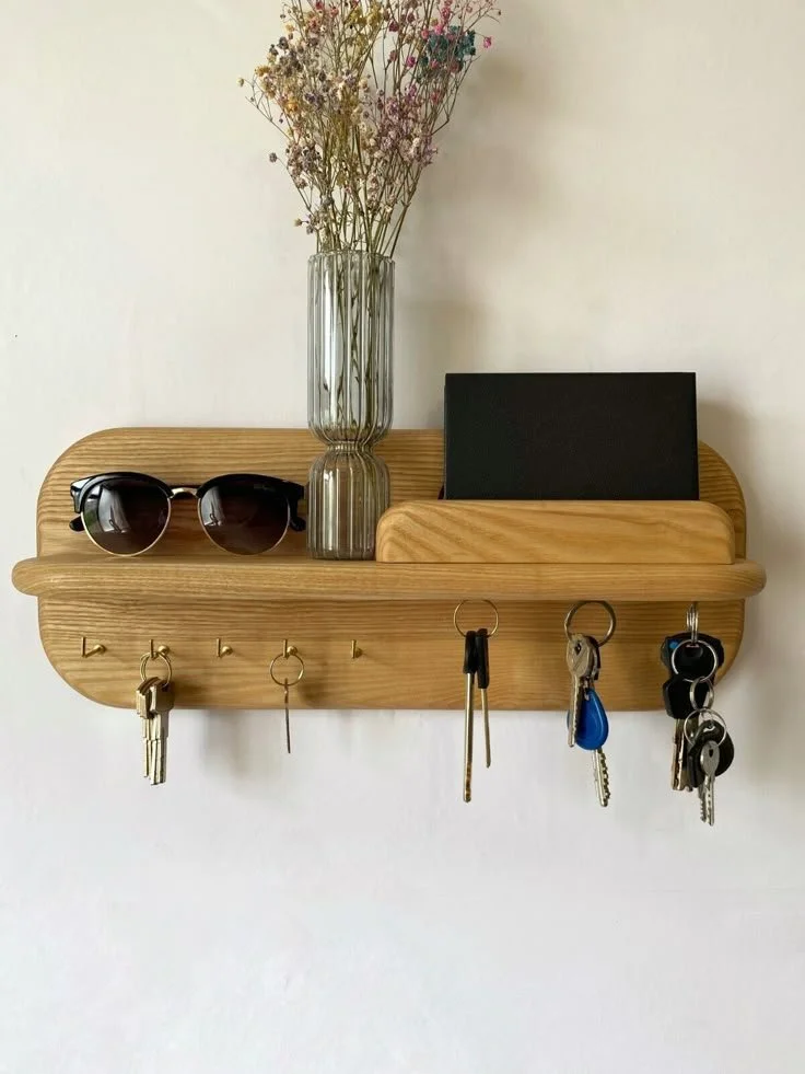 Wooden wall-mounted key holder shelf with hooks and magnets for entryway organization
