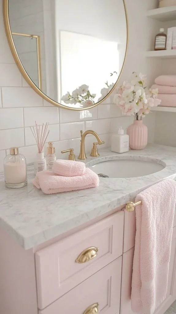 Charming small girly bathroom decor with pink accents and floral elements