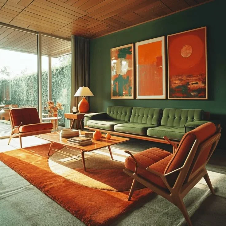 Cozy 70s inspired living room with retro decor and vibrant colors