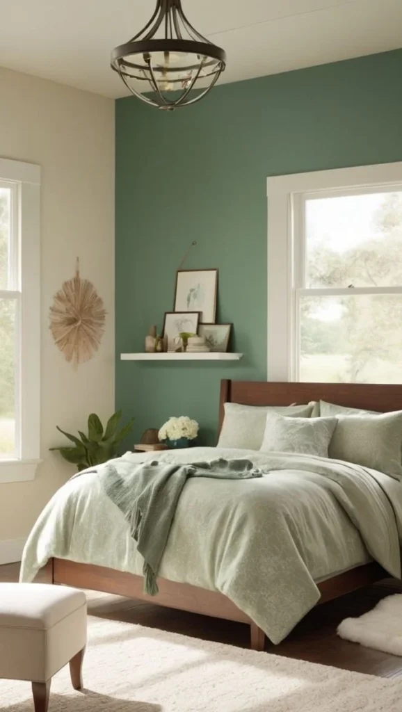 Stylish moody green bedroom design with modern decor elements