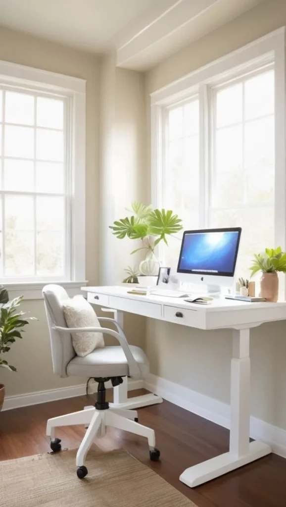 Stylish white standing desk in a modern home office setup for 2025 inspiration.