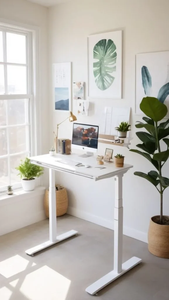 Elegant white standing desk setup in a stylish home office for 2025.
