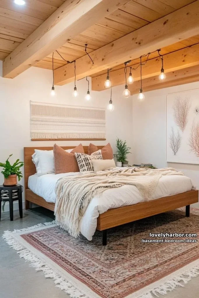 Stylish basement bedroom with exposed wood beam ceiling design ideas.