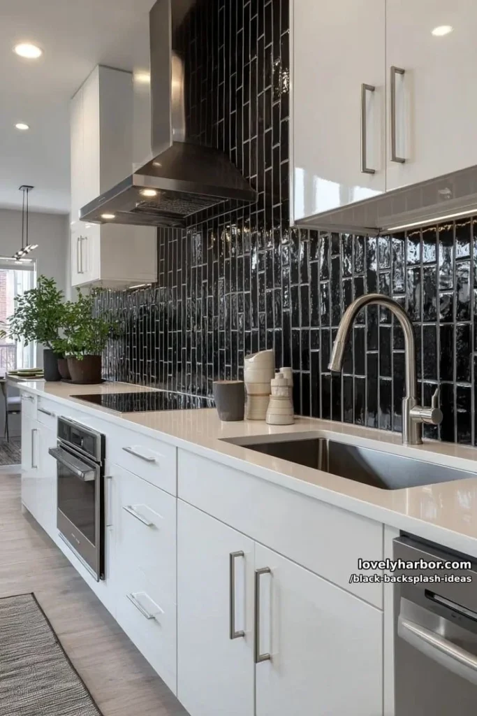 Elegant black backsplash ideas with sleek subway tile designs for modern kitchens.