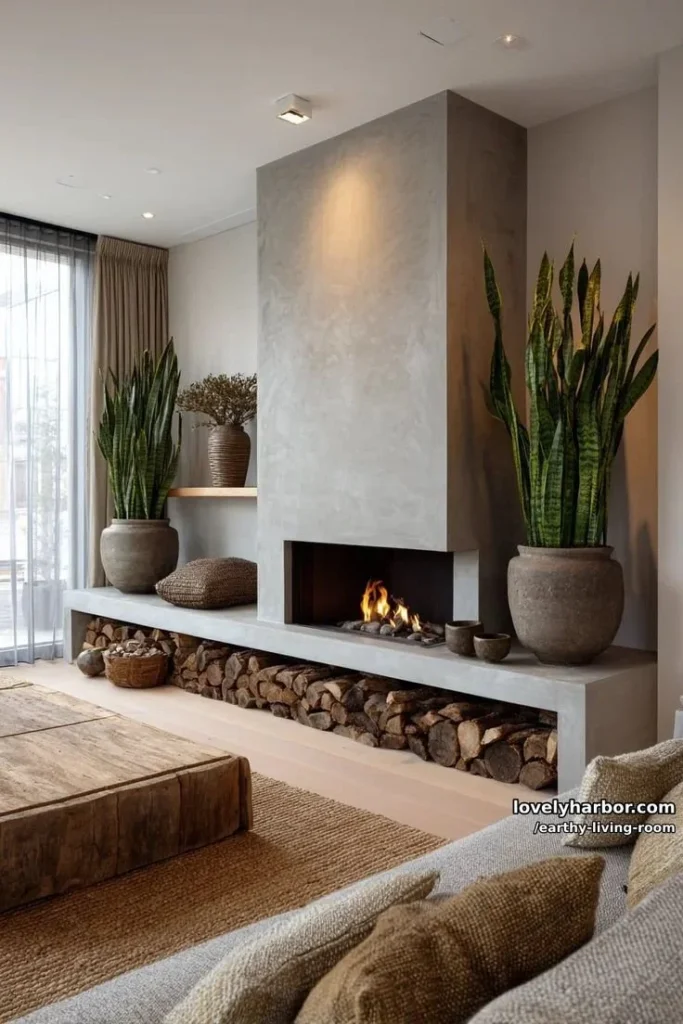 15 Earthy Living Room Designs With a Modern Fireplace Cozy earthy living room designs with a modern fireplace