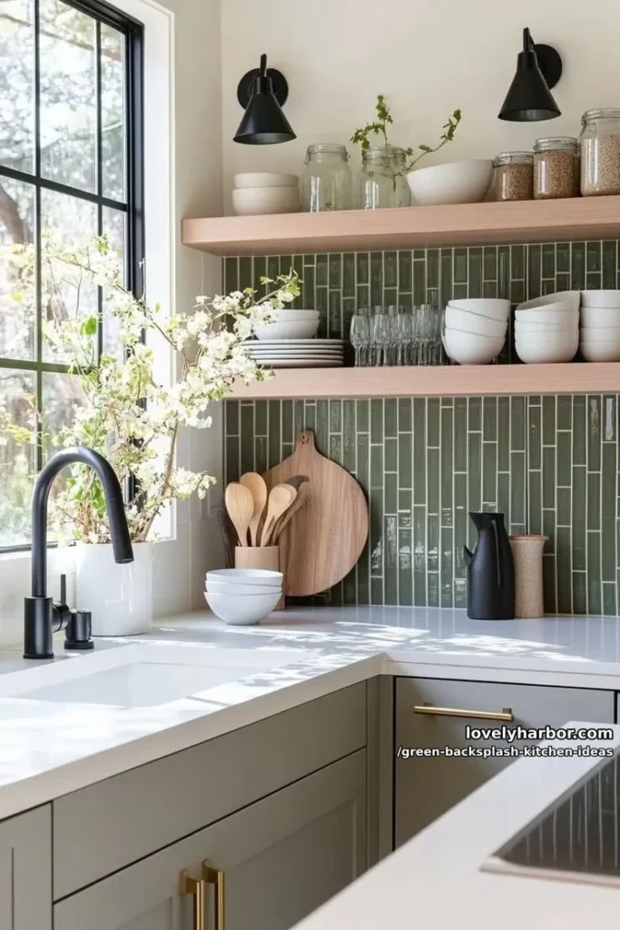 Modern kitchen showcasing vibrant green backsplash ideas.