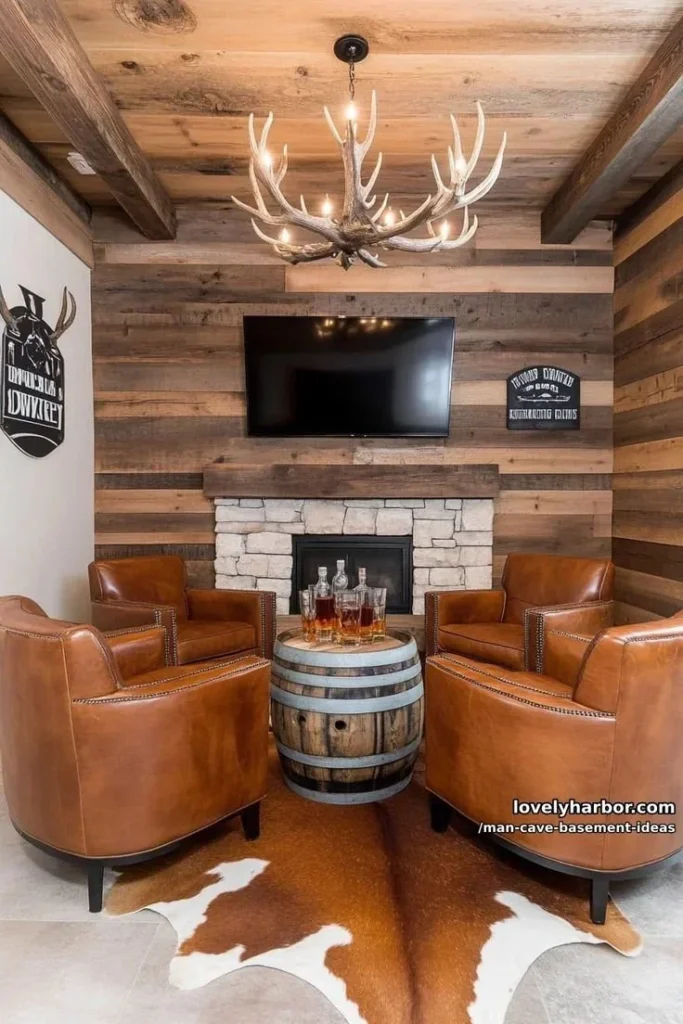 Rustic barn-style man cave basement ideas for a cozy retreat