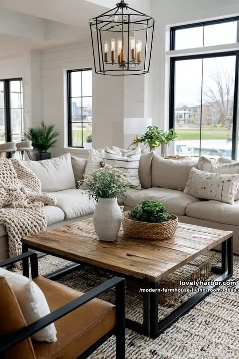 Stylish modern farmhouse living room with cozy decor and fresh design elements