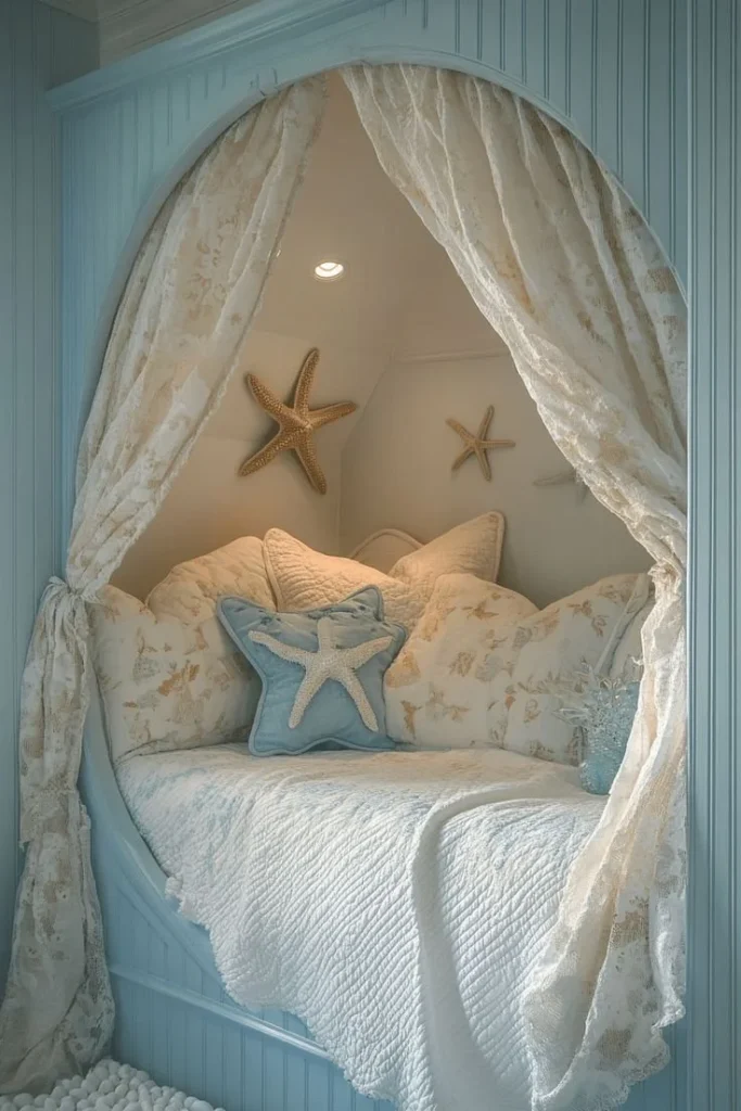 Cozy beach inspired bedroom with ocean colors and decor