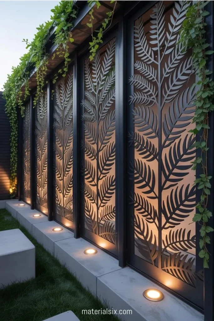 Decorated backyard privacy fence with unique designs and greenery.