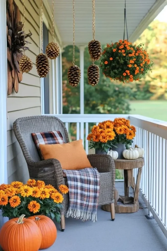 Cozy fall house decorations featuring pumpkins, candles, and autumn leaves.