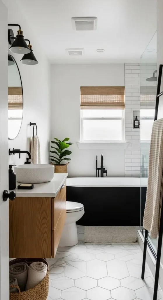 Moody small bathroom with dramatic dark decor and modern fixtures