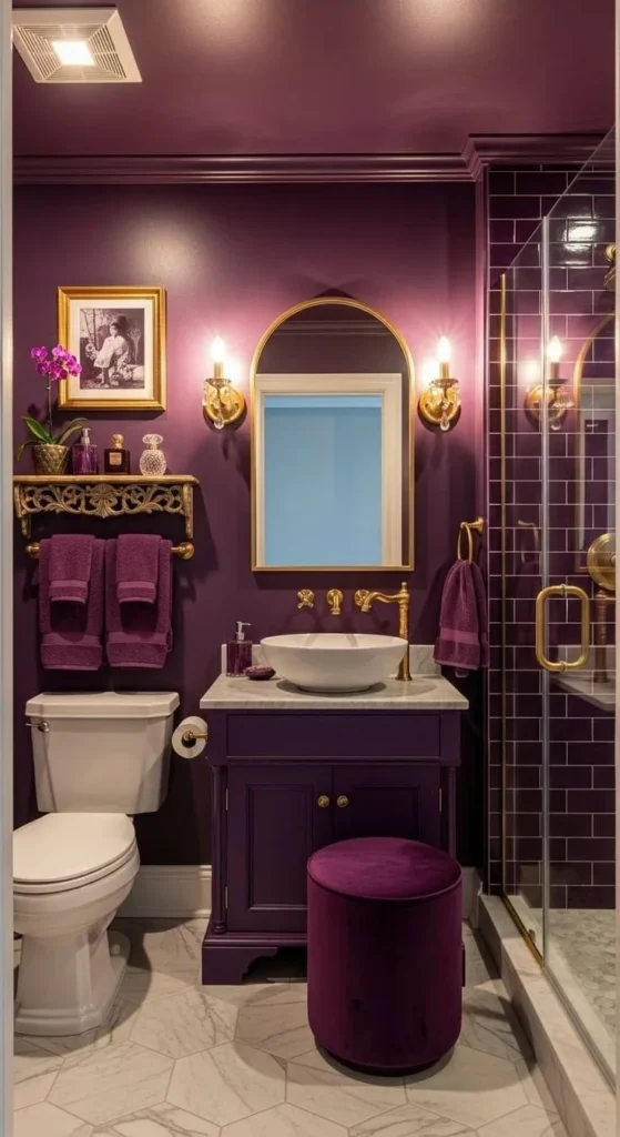Moody small bathroom ideas featuring dark decor and dramatic lighting.