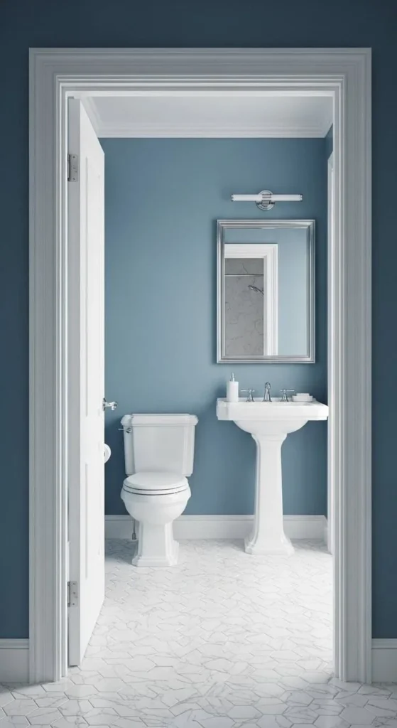 Small bathroom painted in stylish colors to enhance compact spaces.