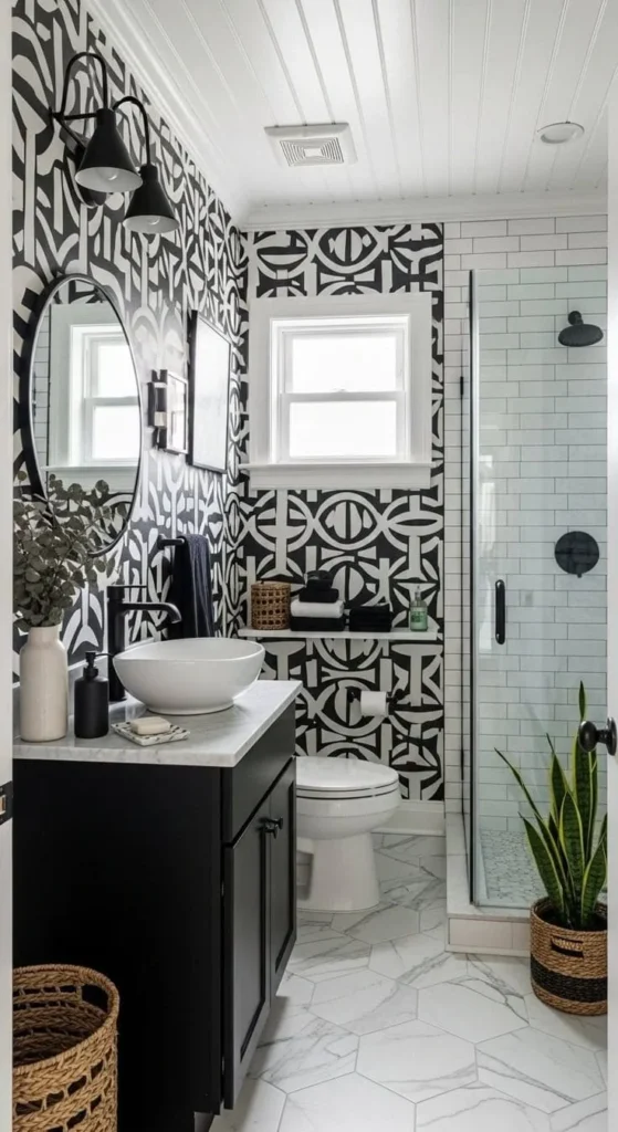 Small bathroom with colorful wallpaper designs adding character and style