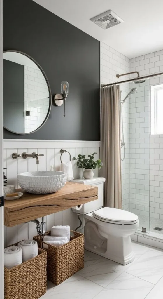23 Small Dark Bathroom Ideas That Prove Black Is Beautiful Small dark bathroom featuring elegant black fixtures and stylish decor ideas.