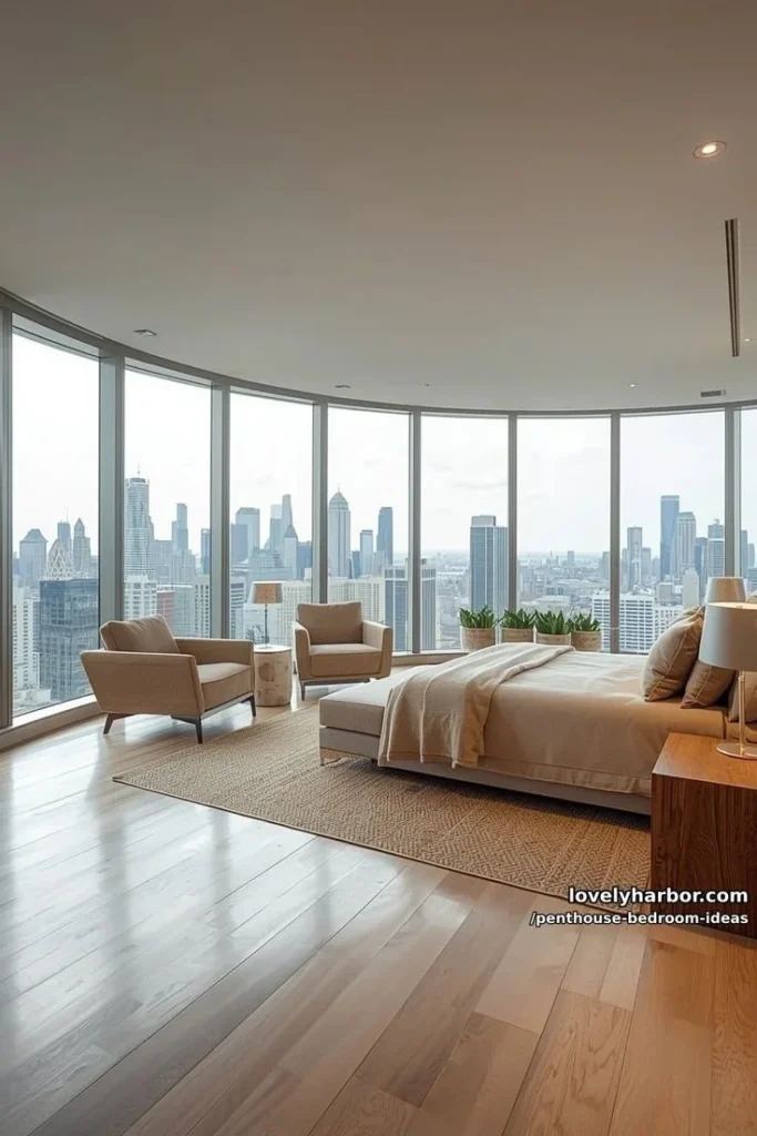 Stylish modern penthouse bedroom showcasing luxury decor and design ideas.