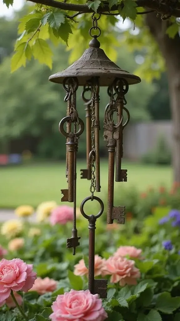 Colorful DIY wind chimes hanging in a garden, enhancing outdoor beauty and serenity.