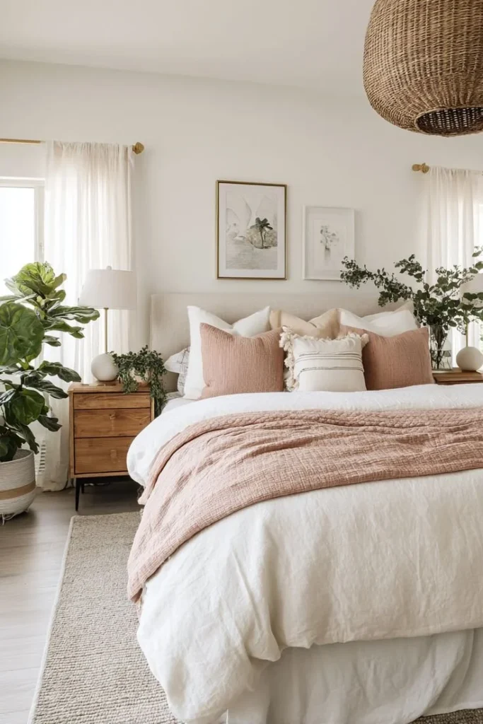 Stylish and cozy modern boho bedroom with unique decor and design elements