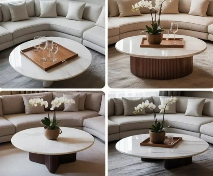 Modern sofa table design ideas including round marble and elegant coffee tables.