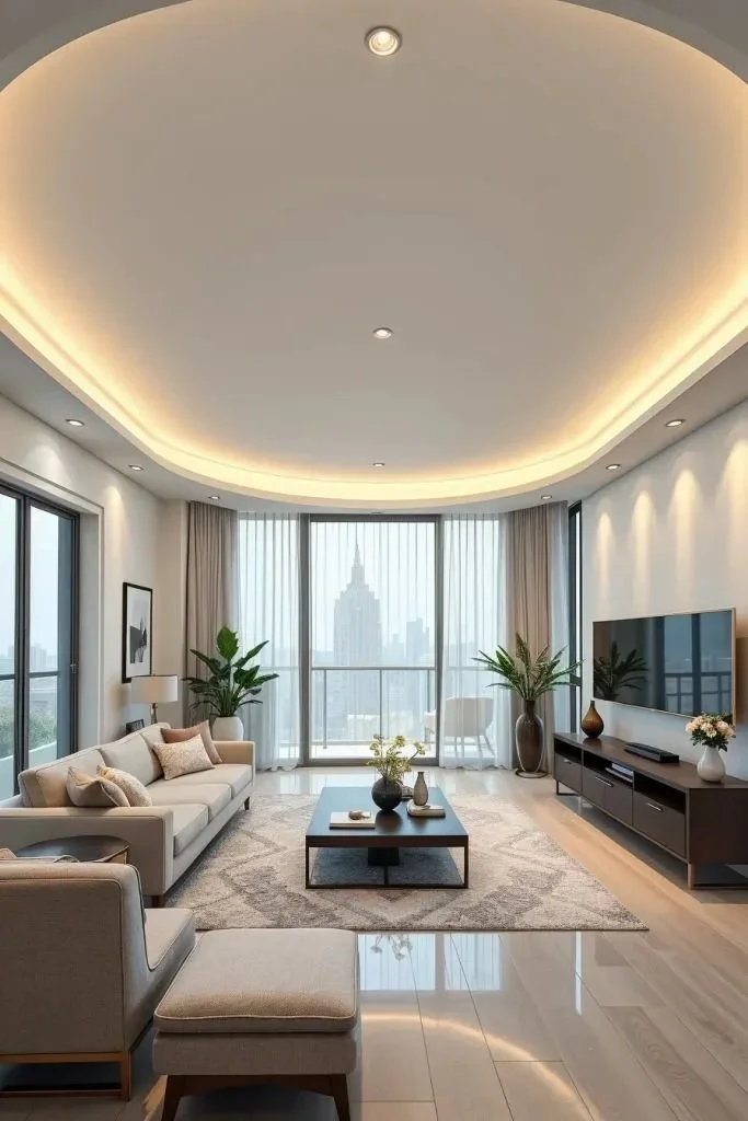 Modern apartment renovation with rounded ceiling designs and architectural lighting.