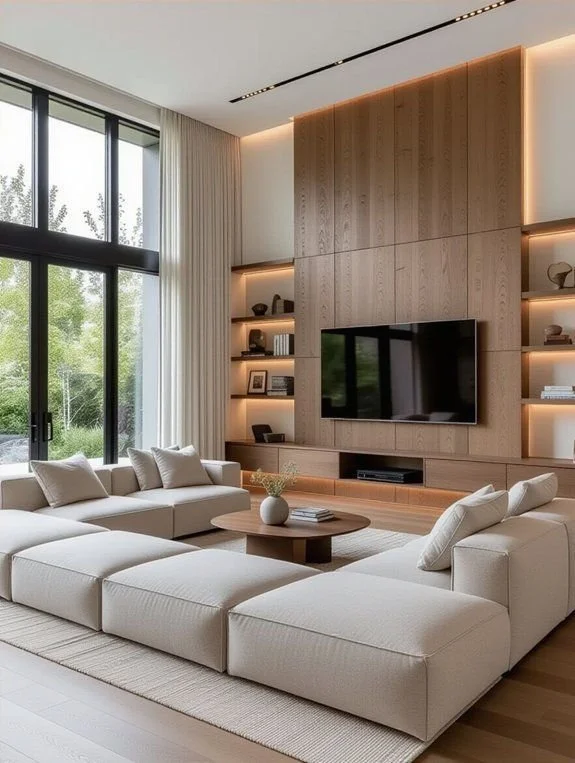 Bright Modern Living Room: White Couches & TV Wall Bright modern living room with white couches and a contemporary TV wall.