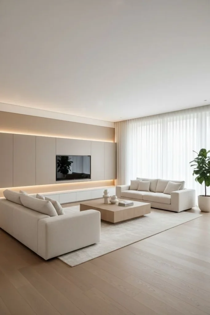 Bright modern living room featuring elegant white furniture and stylish decor