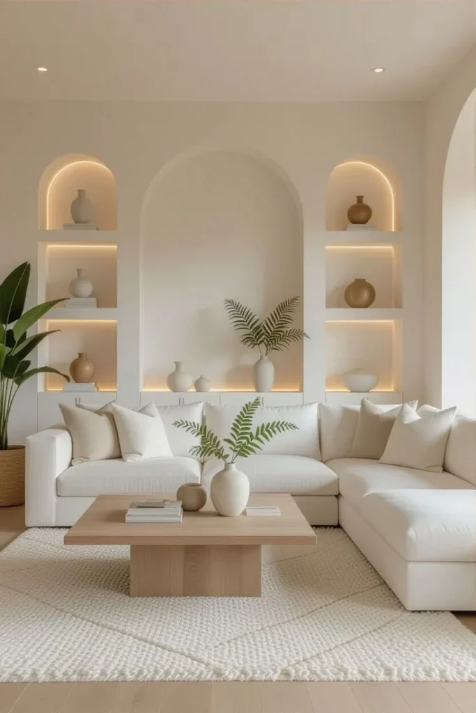 Bright white living room featuring stylish wall shelves for a cozy oasis