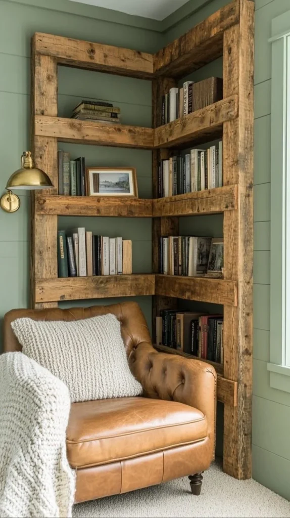Stylish corner bookshelves enhancing bedroom decor and functionality.