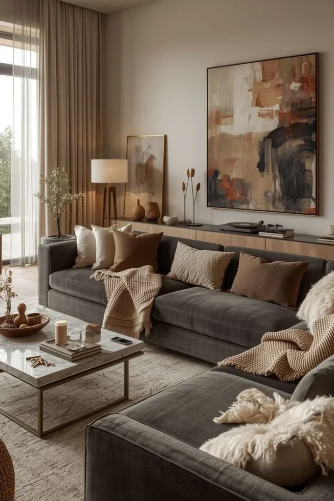 Cozy Living Room: Pillows & Plush Seating Magic Cozy living room featuring plush seating and decorative pillows for ultimate comfort.