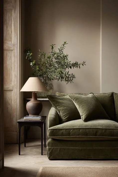 Cozy Living Room Vibes: Couch, Lamp & Plant Cozy living room with a stylish couch, elegant lamp, and lush plant.