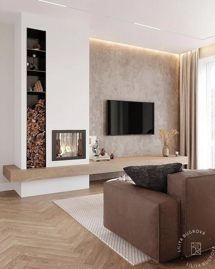 Cozy neutral living room with a TV wall fire creating a warm atmosphere.