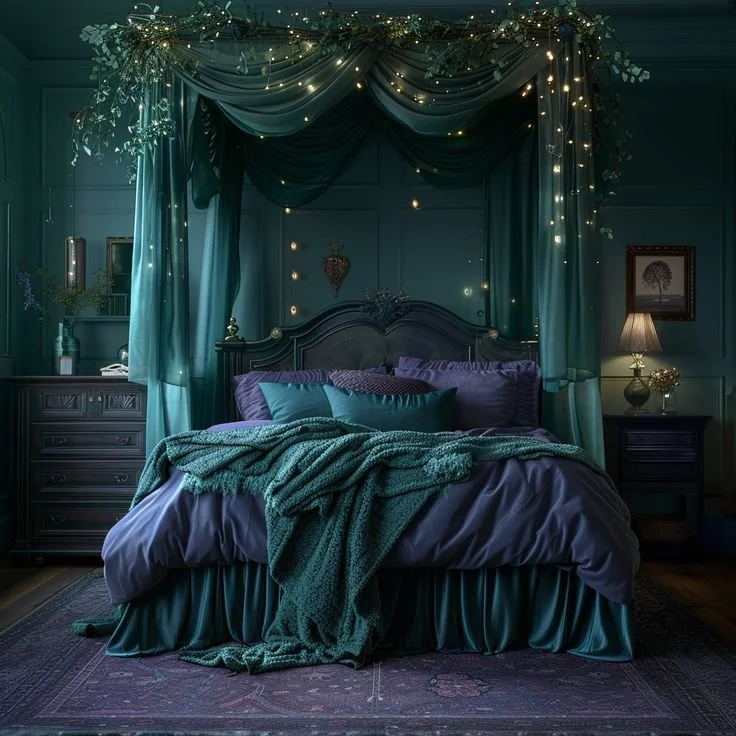 Elegant dark feminine bedroom decor with moody colors and romantic accents.